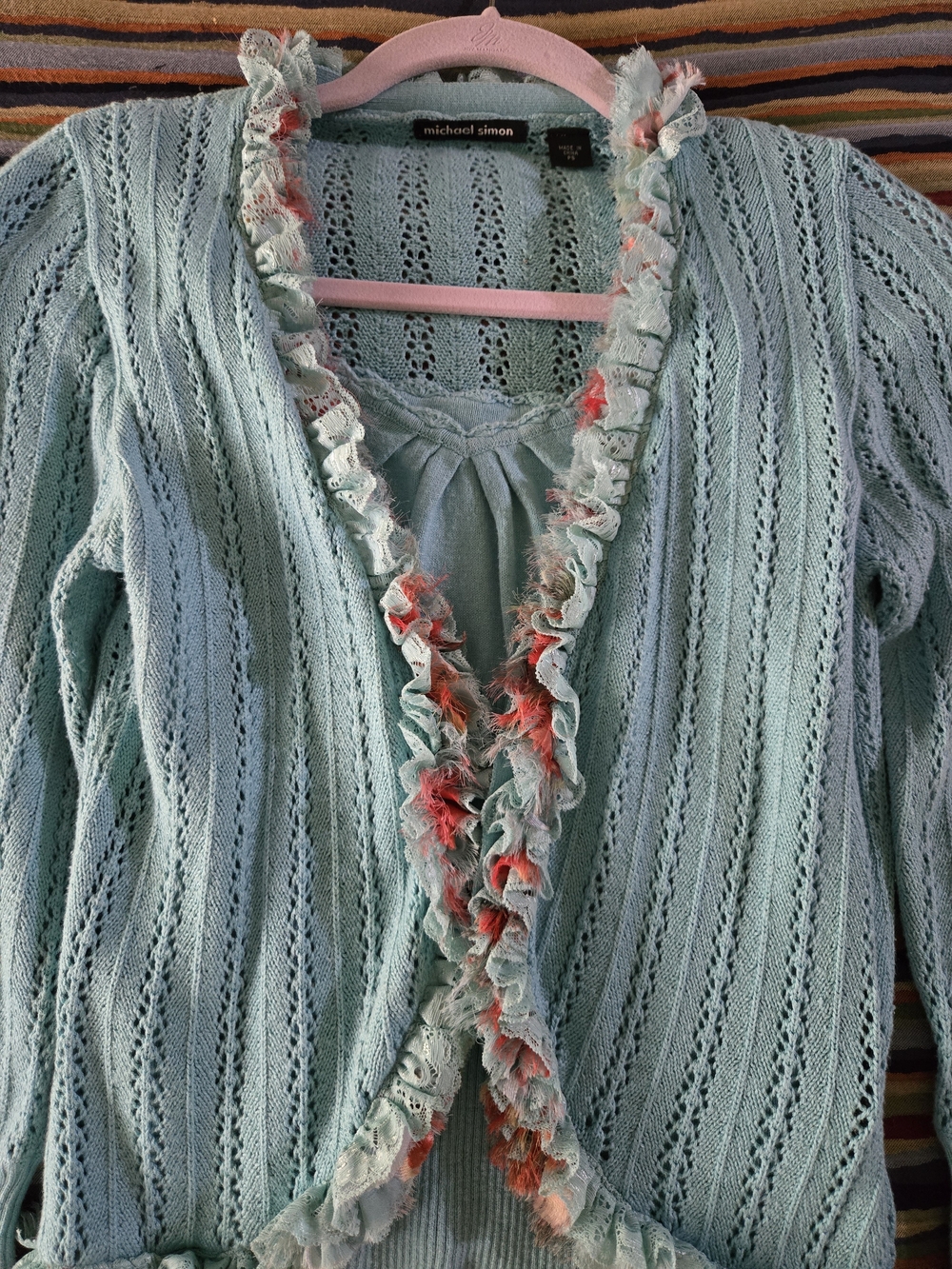 Michael Simon Light Blue Open-Front Ruffle Knit Sweater
